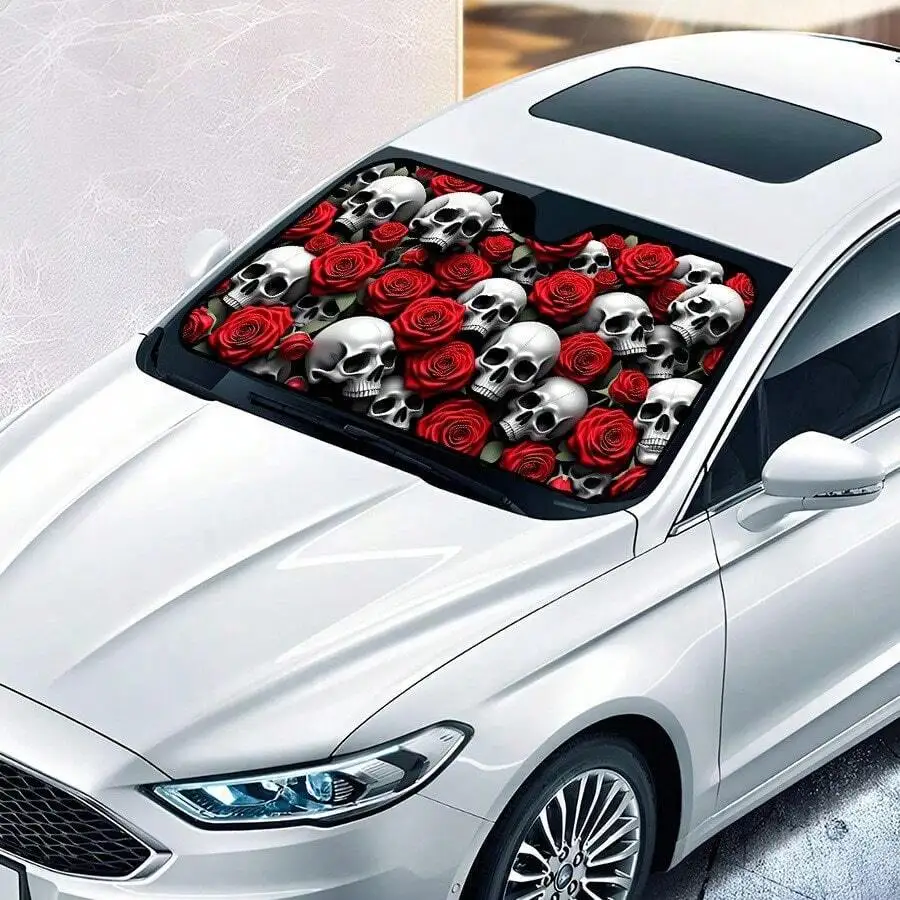 Windshield Sun Shade - Foldable Car Sunshade With Skull And